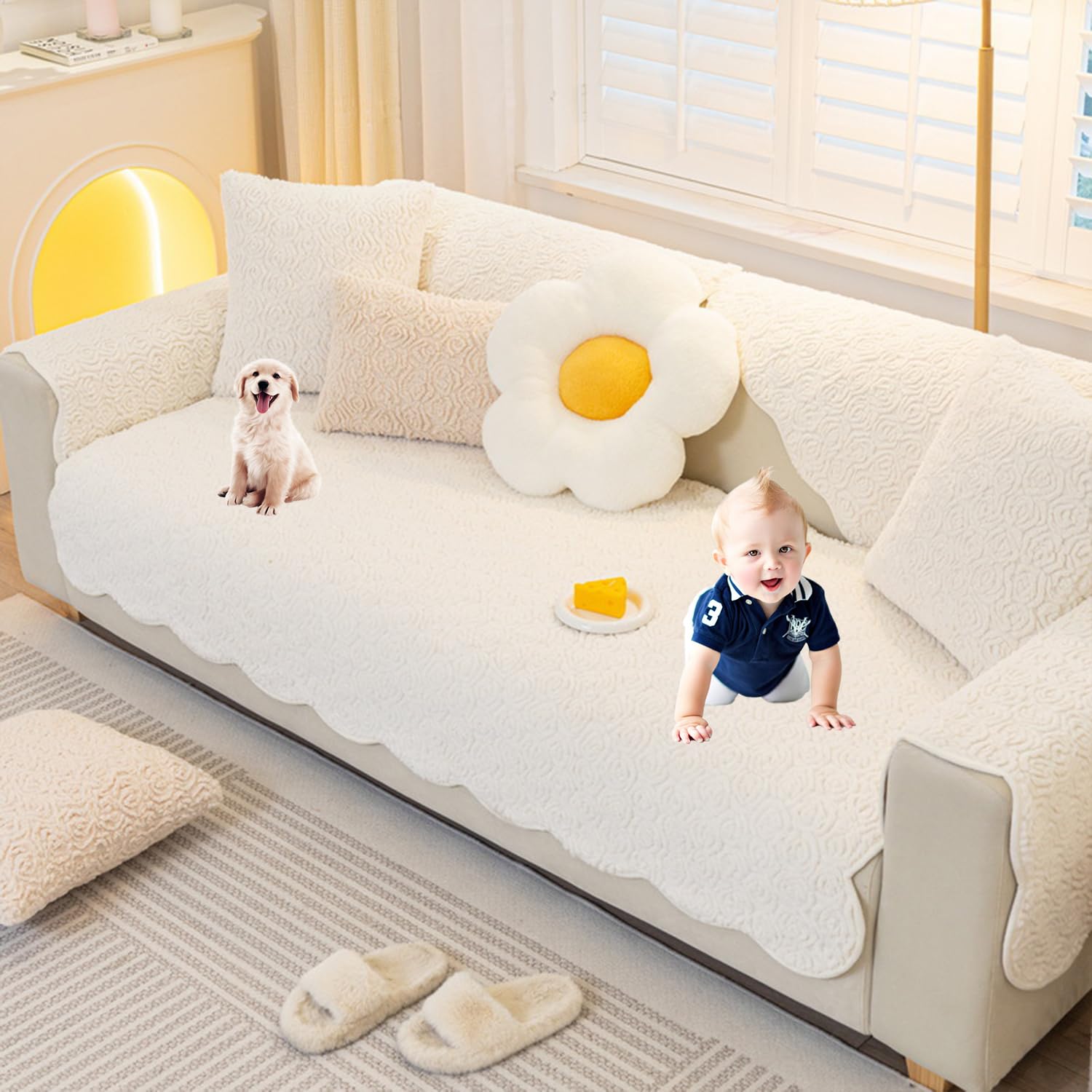 Housse de canapé en peluche blanche pour une soirée cocooning cosy