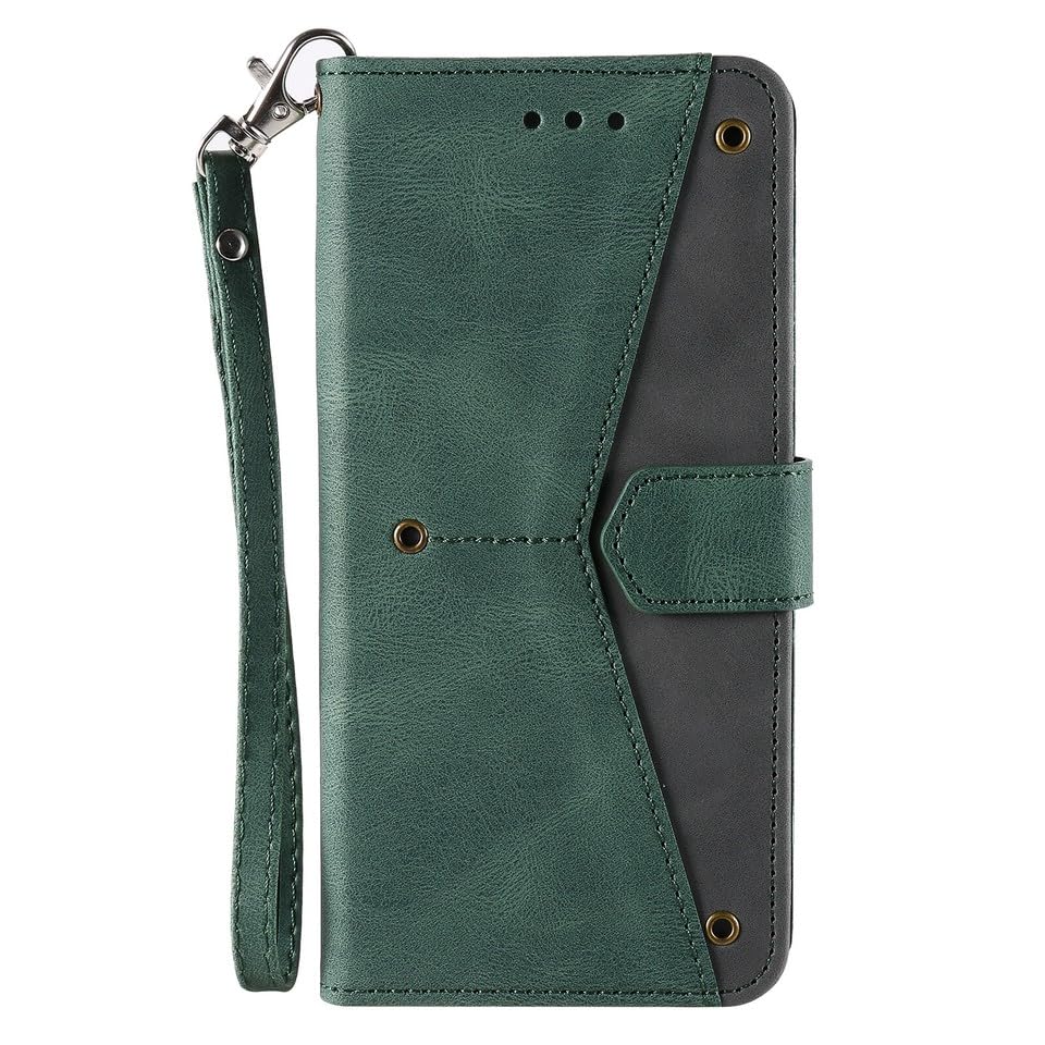Étui portefeuille iPhone 13 Pro vert avec rabat magnétique et porte-cartes en cuir