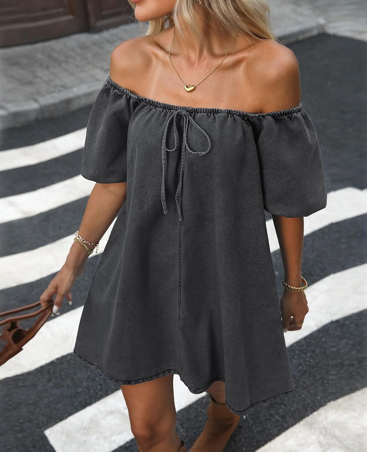 Women's Denim Mini Dress Puff Short Sleeve Square Neck Loose Jean Dresses with Pockets - Image 2