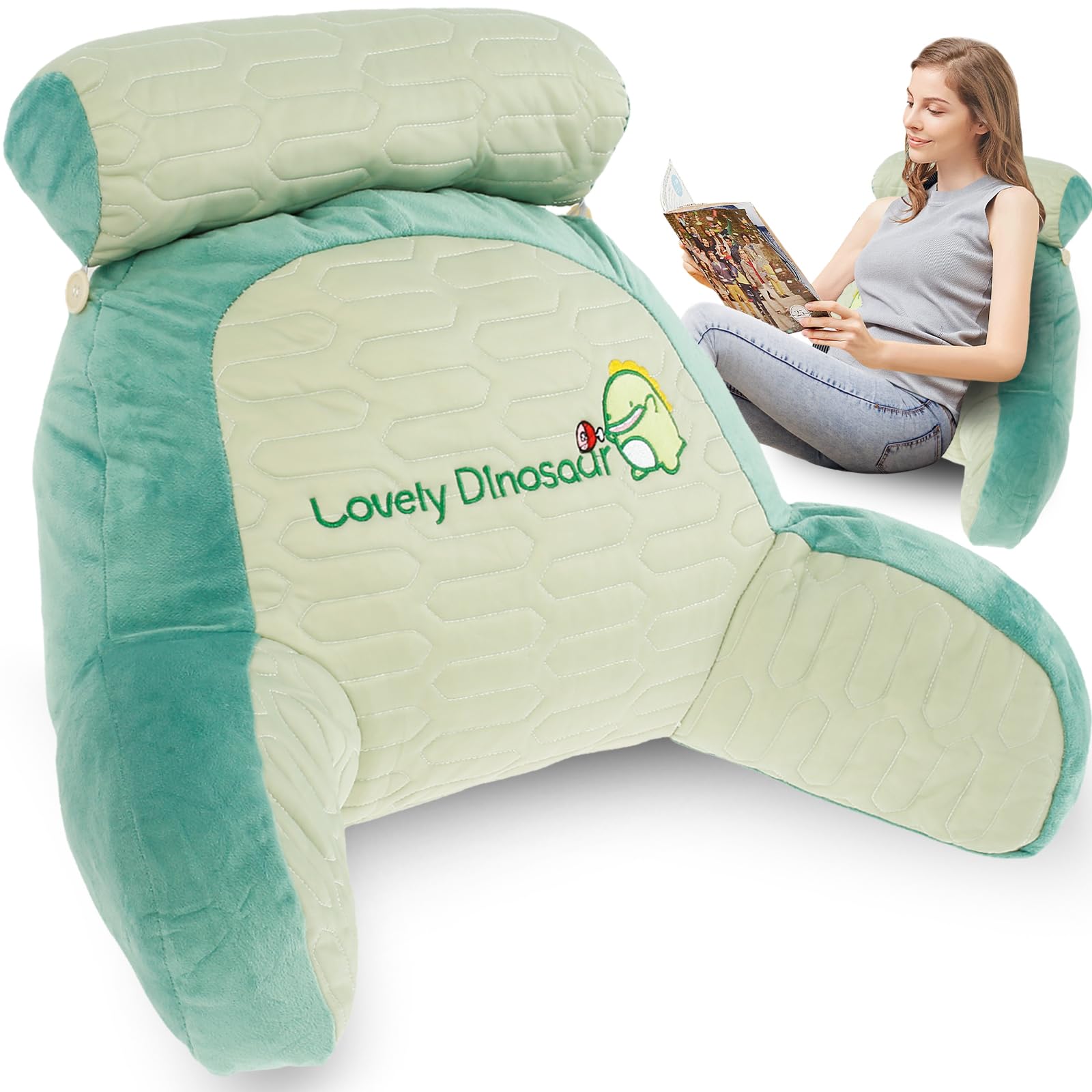 Rhaiqbvc Latex Dinosaur Reading Pillow For Bed Comfortable Reading Cushion Back Support With Arm Multifunctional Detachable Backrest Pillow Washable Support Rest Pillow For Reading Relaxing Watching Tv