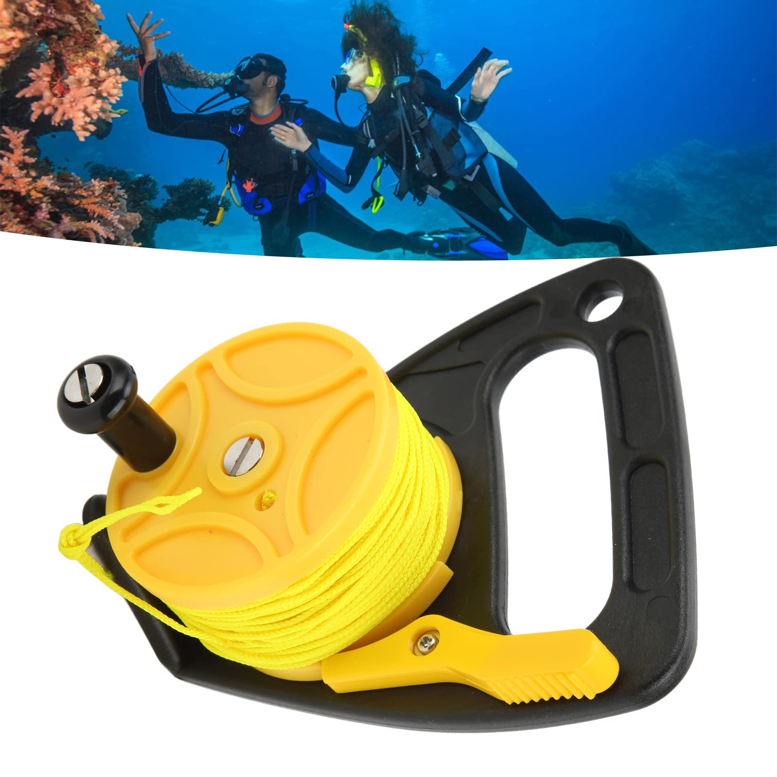 RiToEasysports Kołowrotek do nurkowania z akwalungiem, kołowrotek do nurkowania z akwalungiem z zatyczką kciukiem do nurkowania, nurkowania podwodnego, snorkelingu, 46 m, żółty drut (żółte koło)