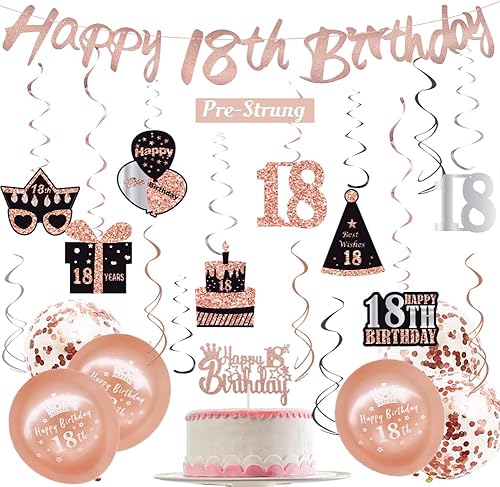 WOJOGO Decoraciones de cumpleaños número 18 para niñas, decoraciones de feliz cumpleaños número 18 de color oro rosa, incluyendo pancarta de