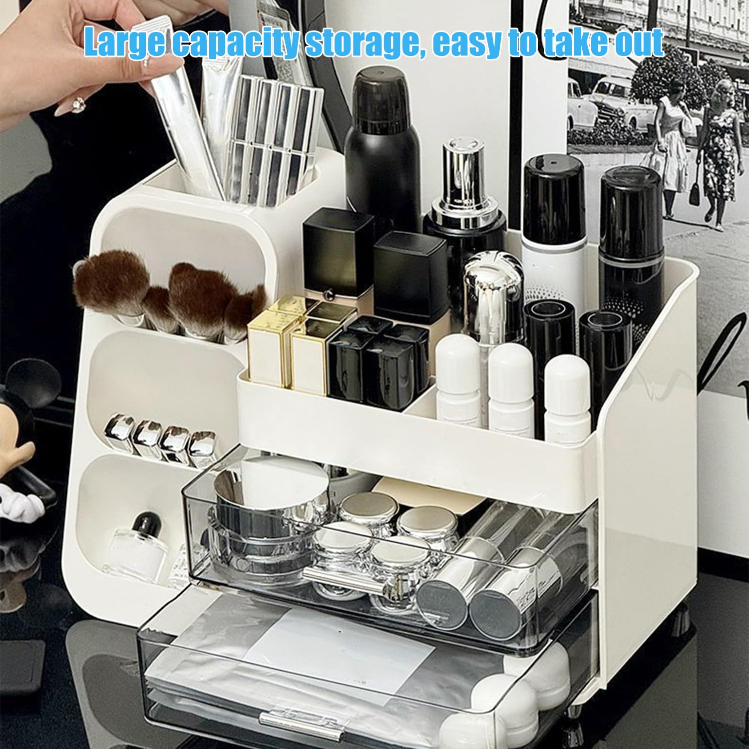 Makeup Organizer z 2 szufladami, organizer na pędzle, duża skrzynka na kosmetyki (Biały)