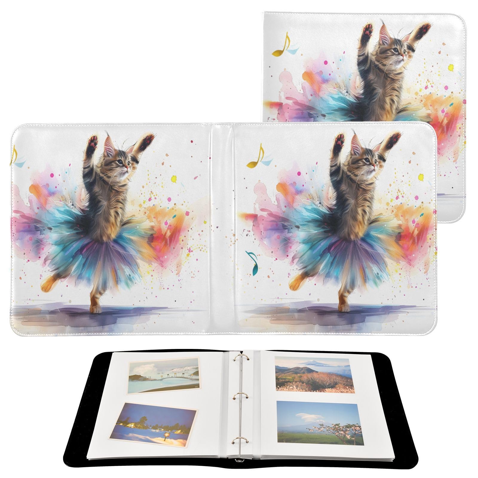 JIPONI Dancing Cat Large Photo Album, DIY Leather Cover Scrapbook Albums for 4x6 5x7 6x8 Pictures, Self Adhesive Memory Book for Wedding, Baby, Family