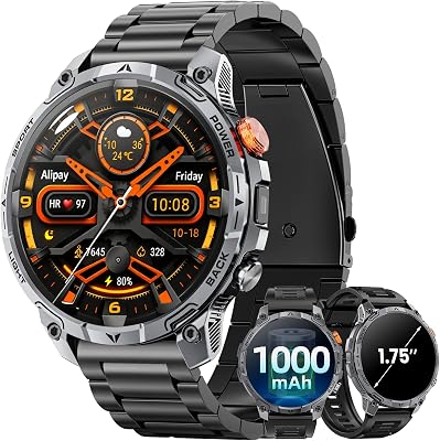 💎 75% MEGA DEAL! Smartwatch Uomo Militare, 1000 mAh Batteria Orologio Smart, Due Cinturini, Schermo HD 1,75″, Torcia LED, 100＋ Modalità Sportive, Monitoraggio della Salute, Chiamate Bluetooth per iOS Android (Nero)