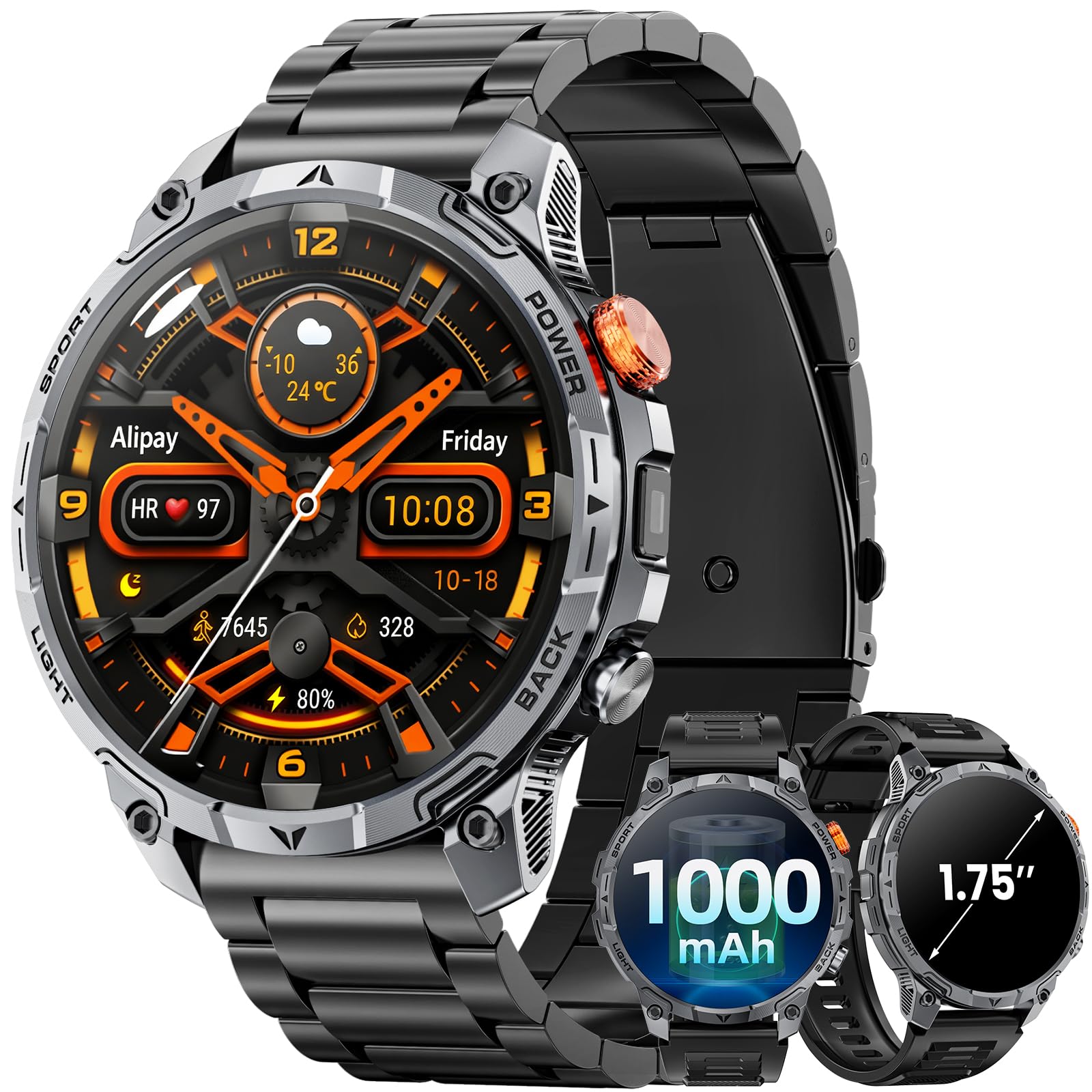 Reloj Inteligente Hombree Militares,1000 mAh Smartwatch, Dos Correas, Pantalla HD 1,75", Linterna LED, 100＋Modos Deportivos, Salud Monitorizada, Llamadas Bluetooth para iOS Android (Negro)