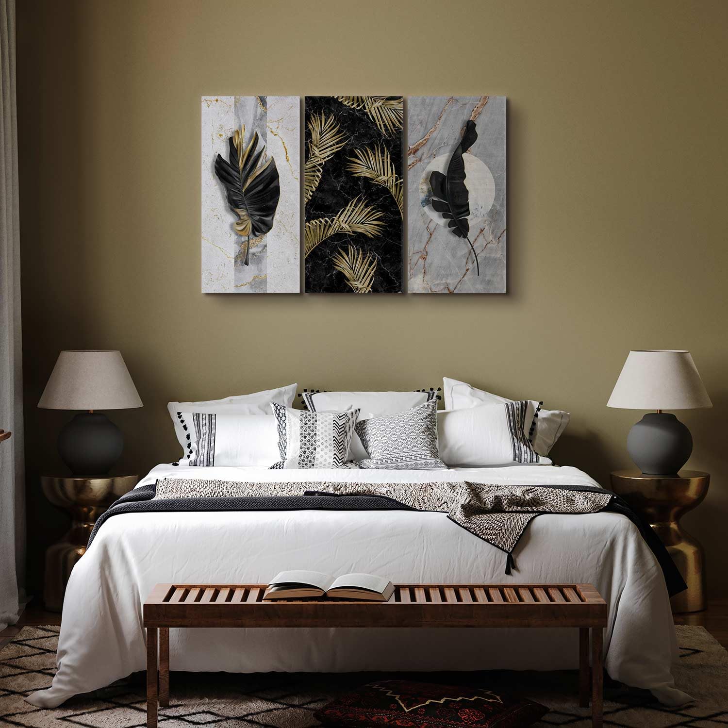 murando - Quadro tropicale Foglie 135x90 cm 3 Pezzi Stampa su tela XXL Immagini Moderni Murale Fotografia Grafica Decorazione da parete Quadri Componibili Marmo botanico b-C-0716-b-e
