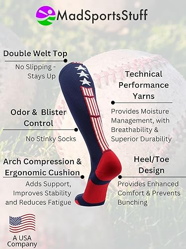 Miniatura 3 de MadSportsStuff Patriot USA Flag - Calcetines de estrellas y rayas para béisbol, sóftbol, fútbol, niños, niñas, hombres y mujeres, sobre la