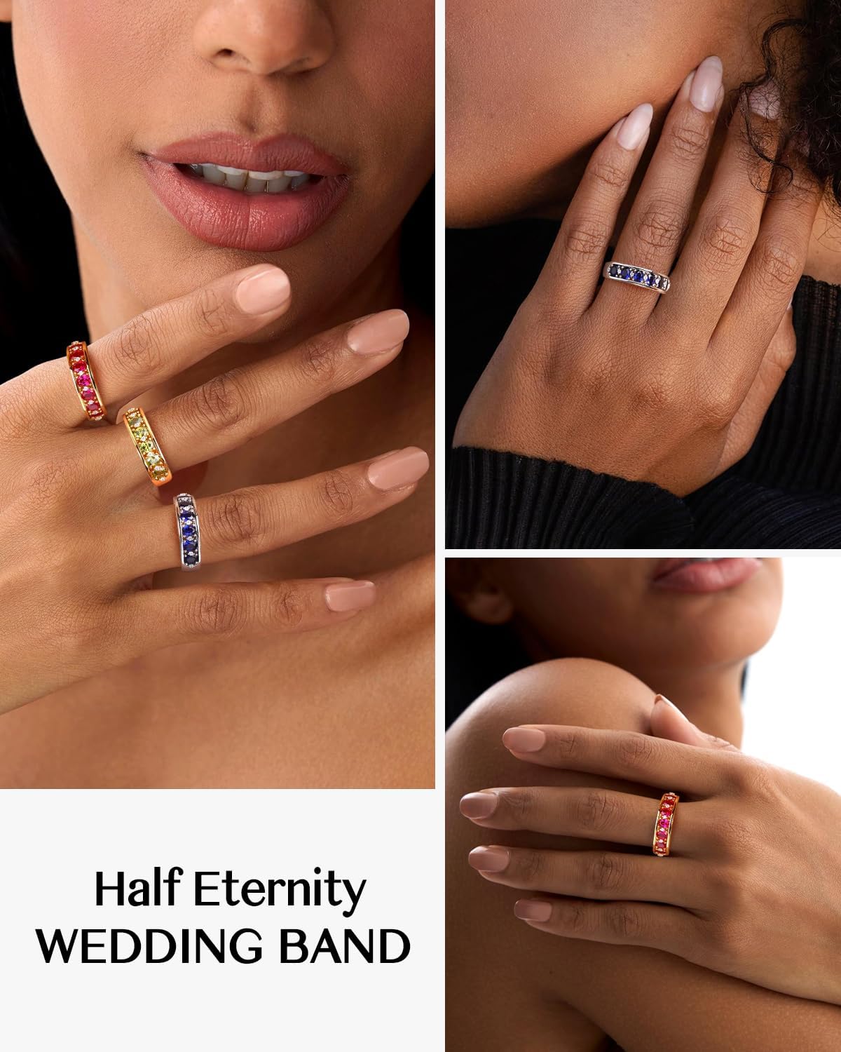 DAYBYDAY Oval Band Rings for Women, 925 Sterling Silver/14k Gold Plated Half Eternity Ring, Aquamarine/Ruby/Emerald/Sapphire Birthstone Rings, Thick Band Gemstone Anniversary Ring Size 6 to 10 - Image 3