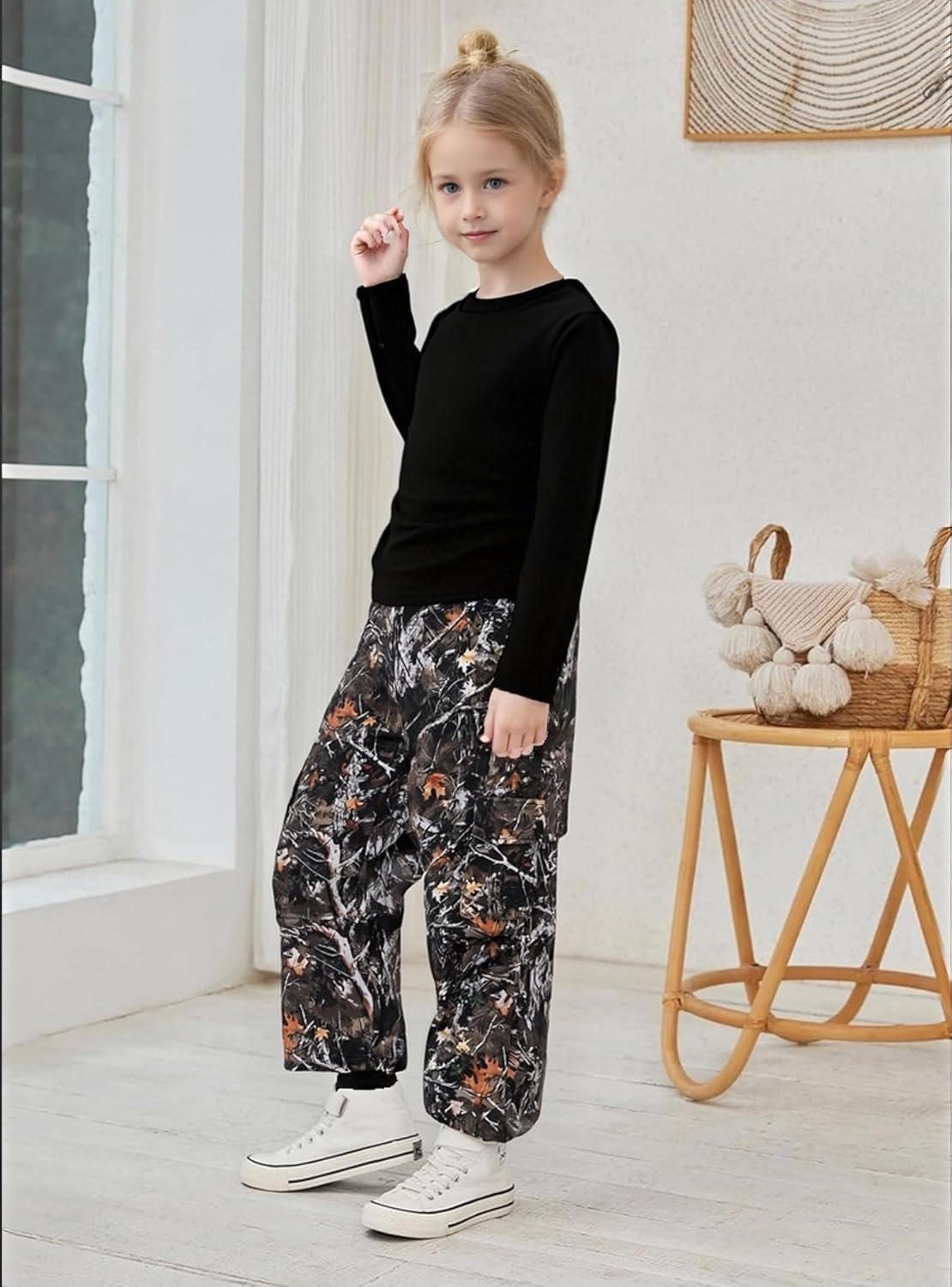 Girls Clothes Tween Girl Outfits Long Sleeve Ruched Top Botanical Print Relaxed Pocket Pants Set - Image 4