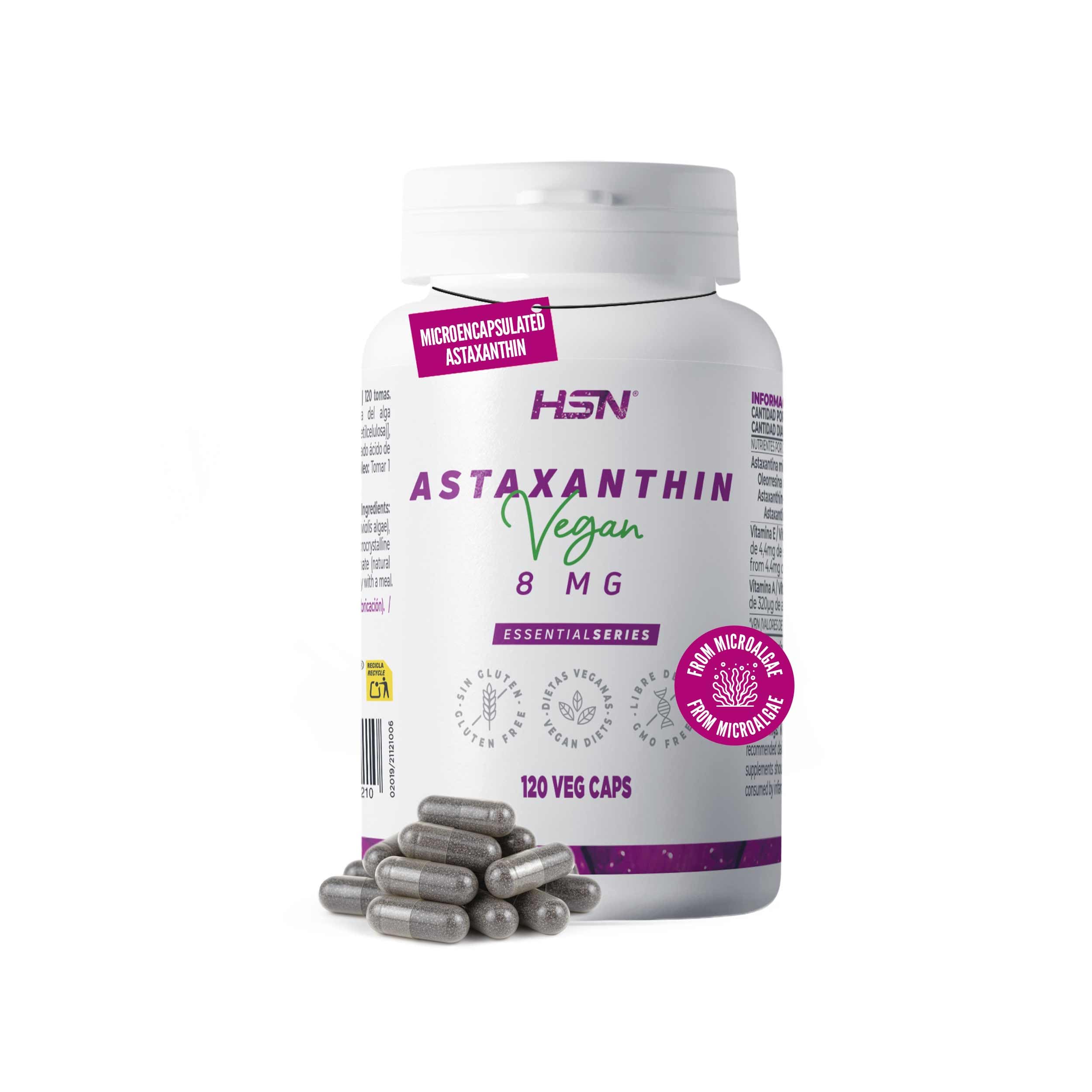 HSN Astaxantina Natural 8mg Haematococcus Pluvialis | 120 Cápsulas Veganas | Microencapsulada Estabilidad Máxima | Vitamina A y E - Cuidado Vista Piel Antiox | Carotenoide Vegetal Sin Gluten