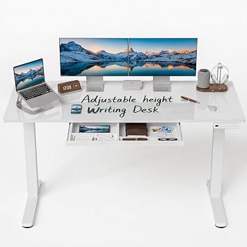 CubiCubi 55x24 Standing Desk with Glass Top, Height Adjustable Computer Desk with Drawer, One-piece Rising Home Office Desks with Positon Memory, Sit Stand Up Electric Workstation Table, White