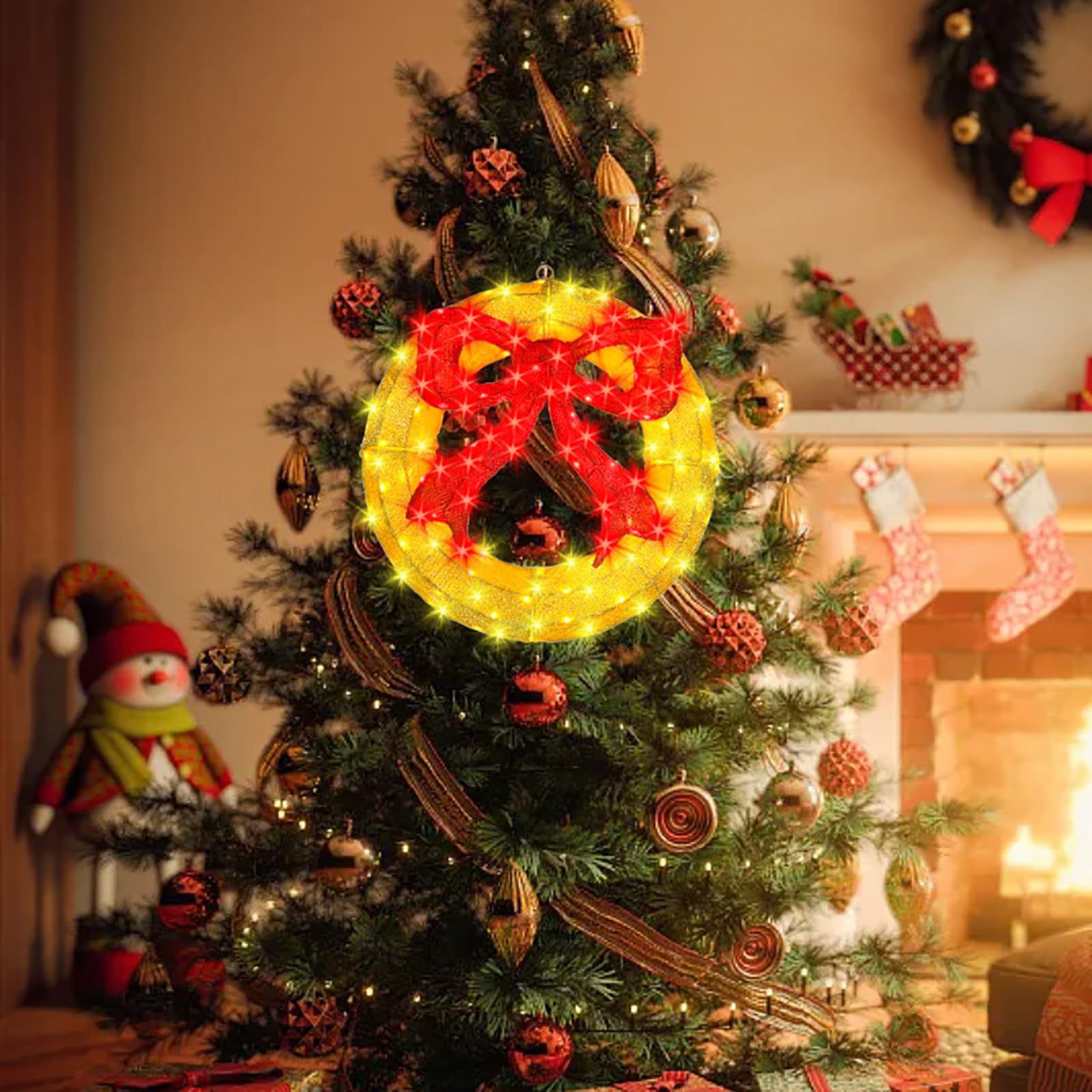 Couronne de Noël extérieure – Couronne de Noël lumineuse à DEL de 61 cm avec nœud, grande couronne de Noël éclairée, lumières de fenêtre pour mur, fenêtres, décoration de porte d'entrée, nœud rouge,