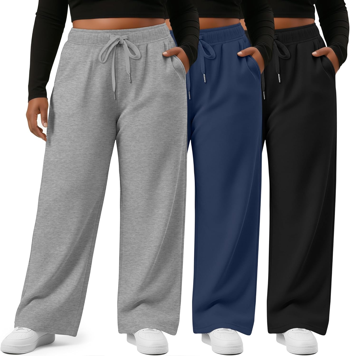 3 Pack Women's Plus Size Wide Leg Sweatpants Drawstring Straight Lounge Pants Elastic Waist with Pockets Jogger
