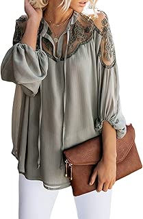 Asvivid Womens Casual V Neck Balloon Long Sleeve Tops Hollow Out Tie Knot Loose Shirt and Blouses