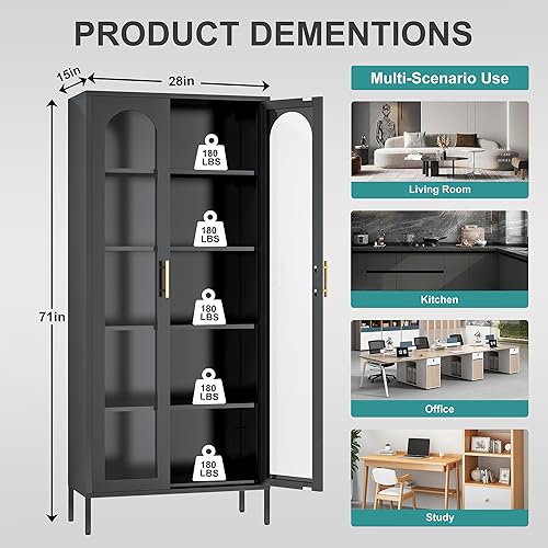 Miniatura 10 de Gabinete de almacenamiento de metal, gabinete de despensa de cocina de 71 pulgadas con puertas de cristal, gabinete alto con puertas y estantes,