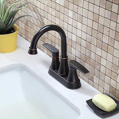 Miniatura 4 de VABM80008H - Grifo de lavabo de baño de bronce aceitado de 2 manijas sin plomo, boquilla giratoria de arco alto de 360, juego de grifos de tocador