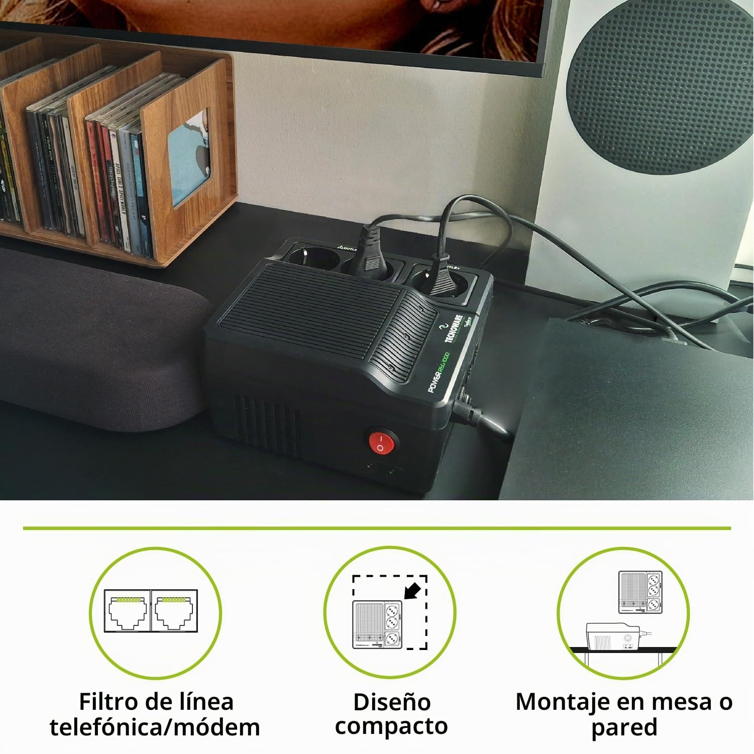 Tecnoware Power Systems Estabilizador de Tensión 1000VA para módem, router, PC y pequeños dispositivos electrónicos, protege contra picos de corriente, no es un SAI, listo para usar