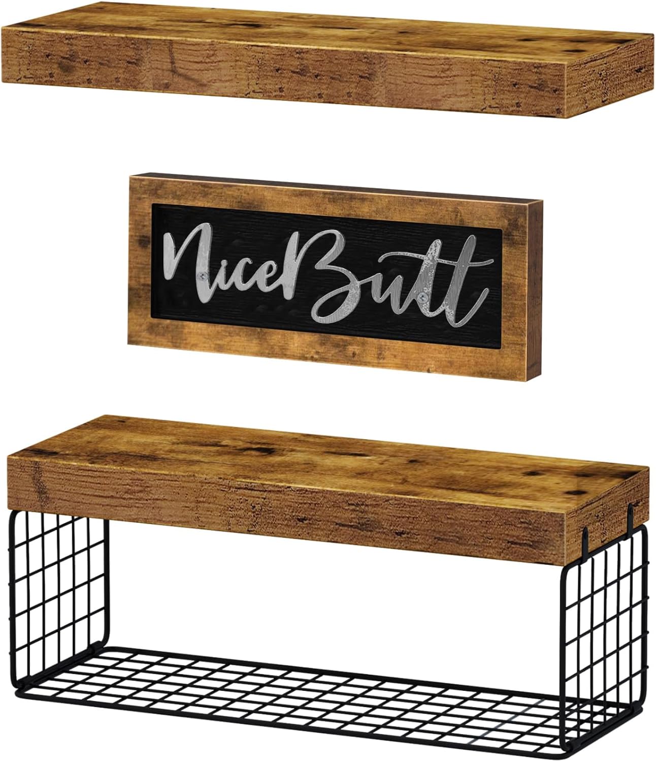 QEEIG ‎Bathroom Shelves Over Toilet - Paper Storage Wall Mounted Farmhouse Decor Decorations Aesthetic Décor Sign Small Floating Wall Shelf 2+1 Set 16 inch NiceButt, Rustic Brown (020BN-NB)