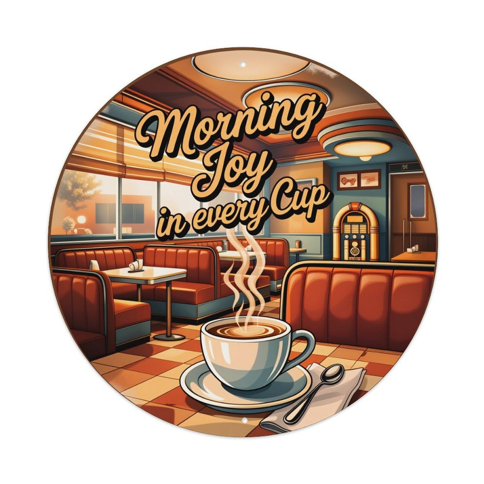 Wmlzdnwr Vintage Morning Joy In Every Cup Coffee Shop Scene Round Tin Sign,Retro Wall Art,Metal Poster For Home, Bar, Garage, Cafe, Rustic Indoor & Outdoor Decor, 8X8 Inches