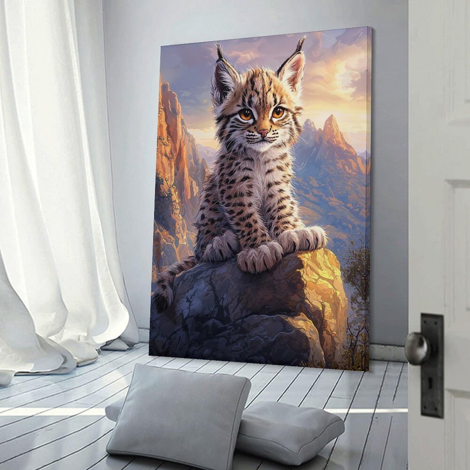 Junmoney Frame-Style-1 Lynx Kitten On Mountaintop Wall Picture Print, 16X24inch(40X60cm), For New Homes, Bedrooms Or Workspaces, Thoughtful Wall Decor For Art Lovers