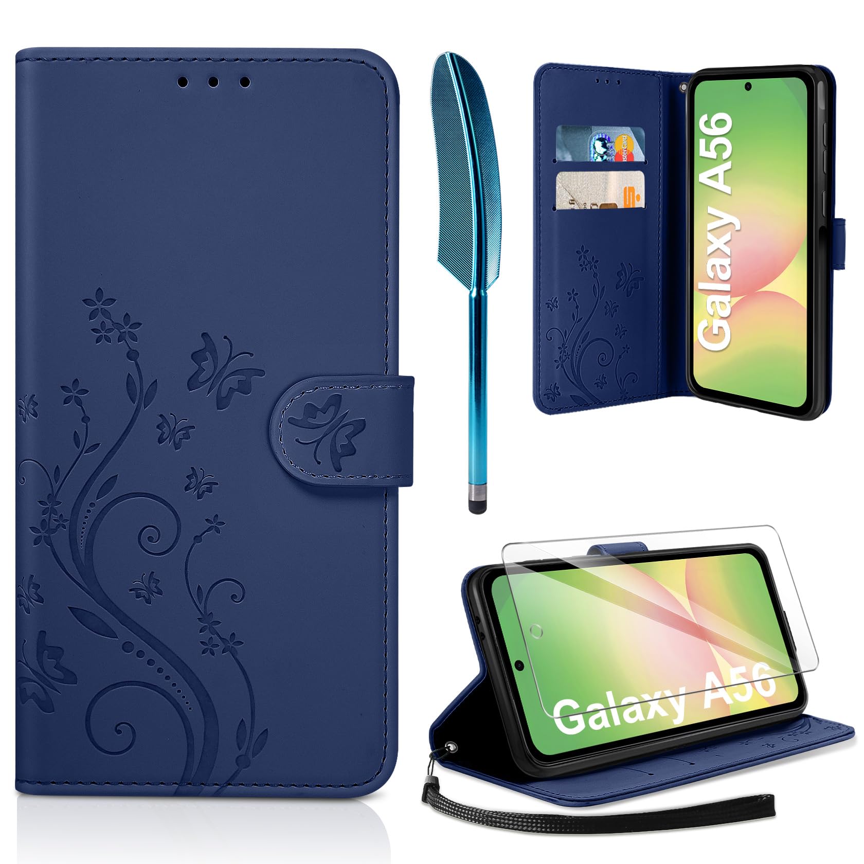 AROYI Lederhülle Kompatibel mit Samsung Galaxy A56 5G Hülle und Schutzfolie, Flip Wallet Handyhülle PU Leder Case Kartensteckplätzen Schutzhülle Kompatibel mit Samsung Galaxy A56 5G Dunkel Blau