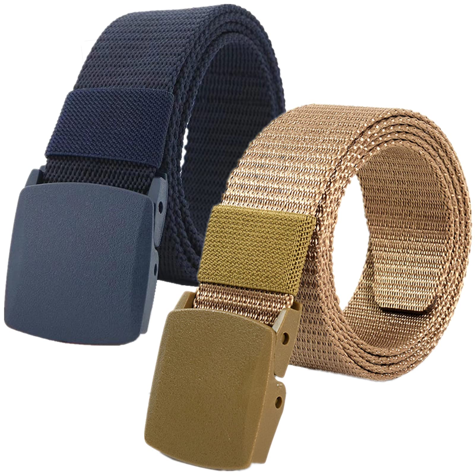Cinturones de trabajo para hombre, Cinturones for hombres y mujeres, cinturón táctico de nailon ligero, tamaño de hasta 67 pulgadas con hebilla de plástico militar, 2 piezas(Blue/Khaki,130CM/51")