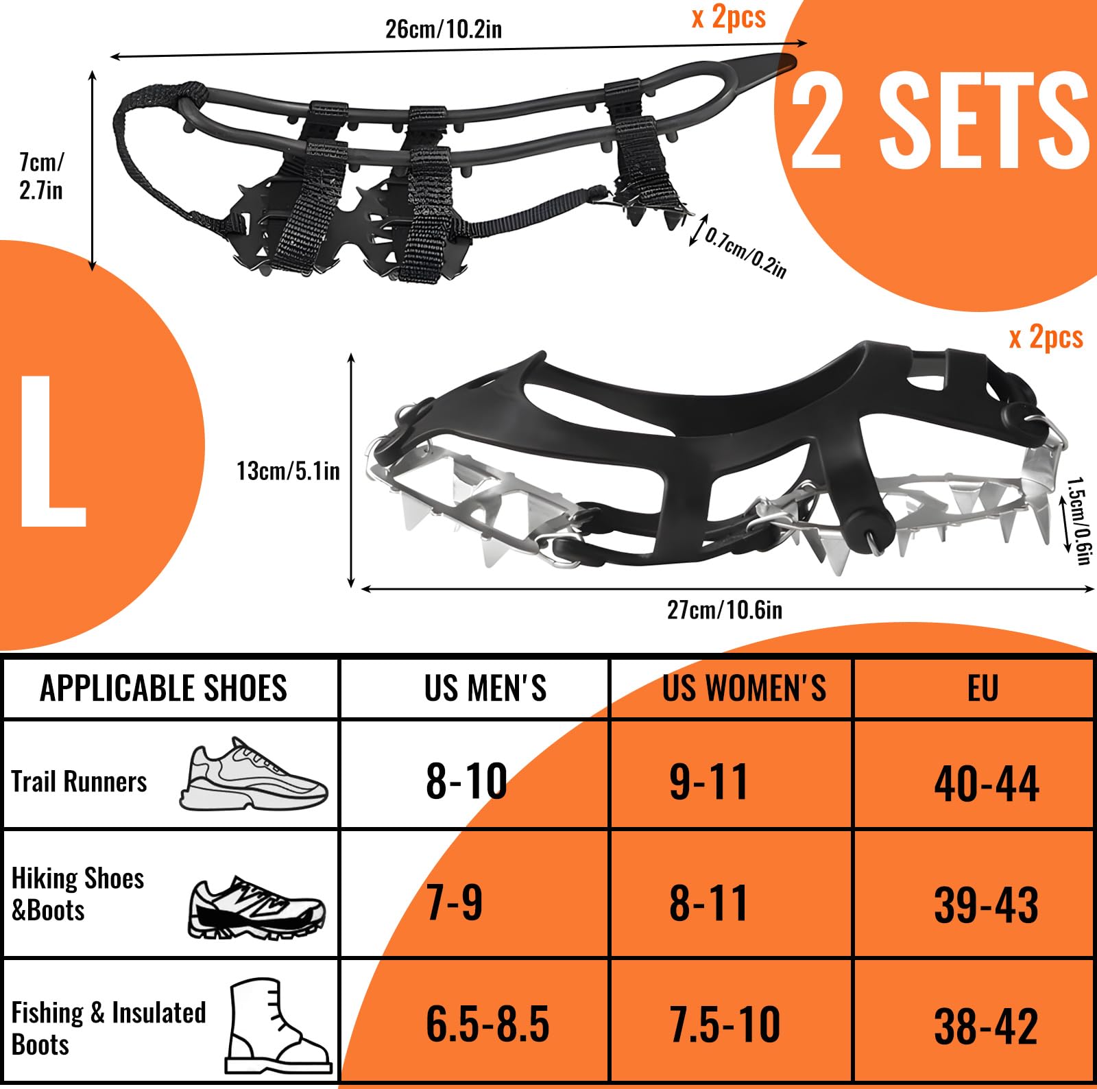 Crampons antidérapants pour chaussures de randonnée, lot de 2 paires, noir, taille L