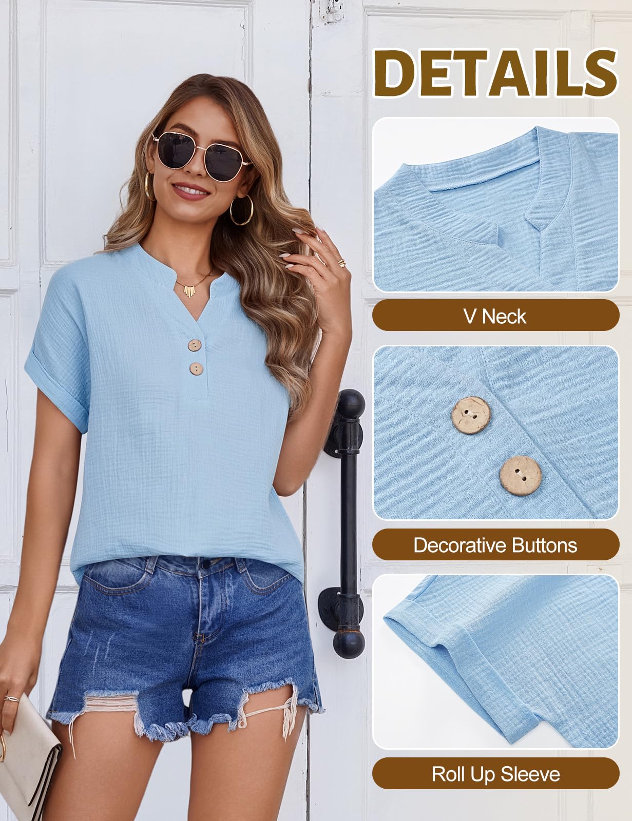 HEEKPEK Bluzka damska letnia muślinowa bluzka bawełniana z krótkim rękawem, elegancka bluzka koszulowa z dekoltem w serek, na guziki, koszulka basic, koszula, luźna tunika, top