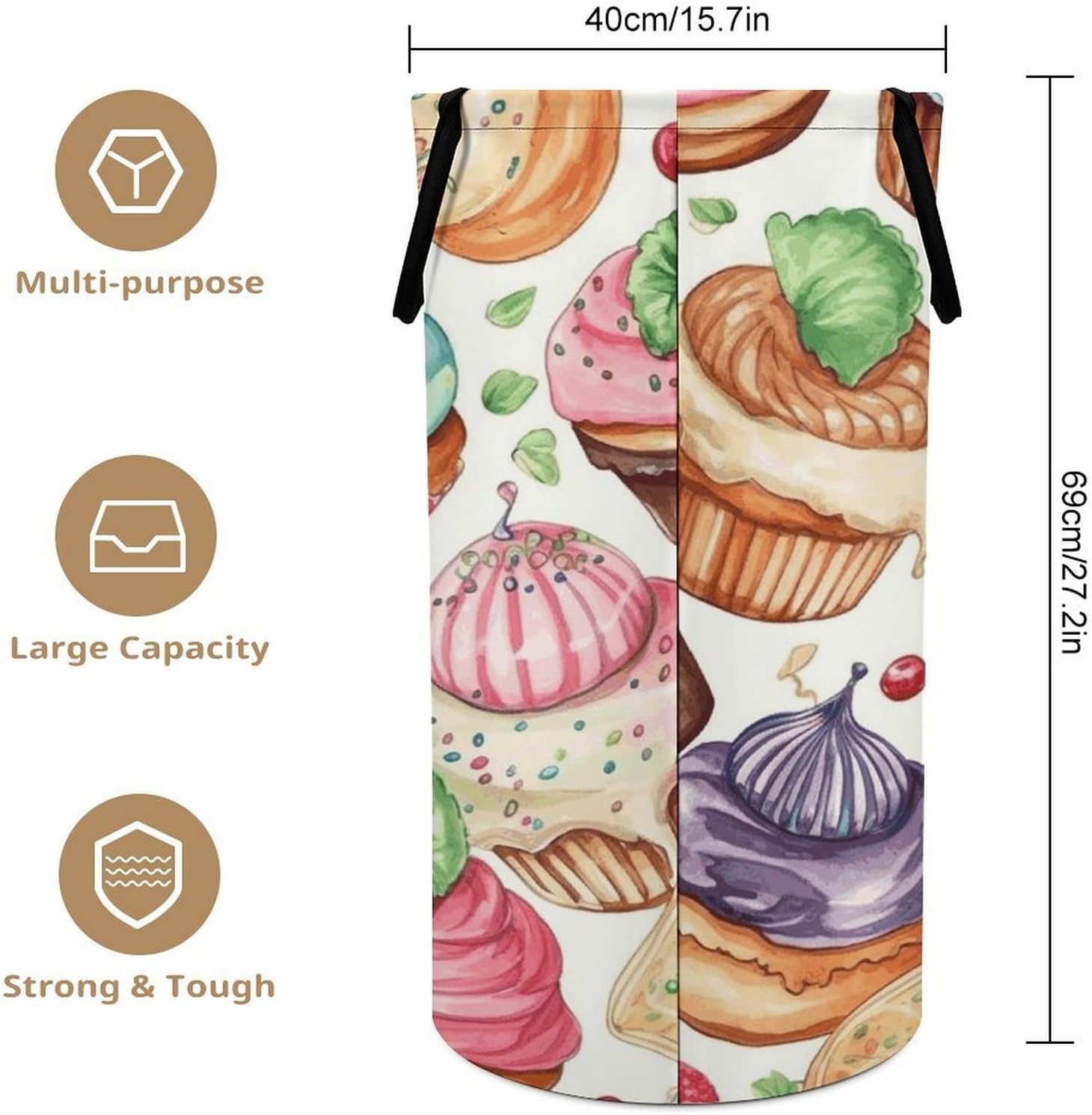 Cupcakes Donuts Muffins Sugar Laundry Hamper with Handles Waterproof Collapsible Laundry Basket Large Lightweight Round Dirty Clothes Hamper for Home Dorm Bathroom Decor