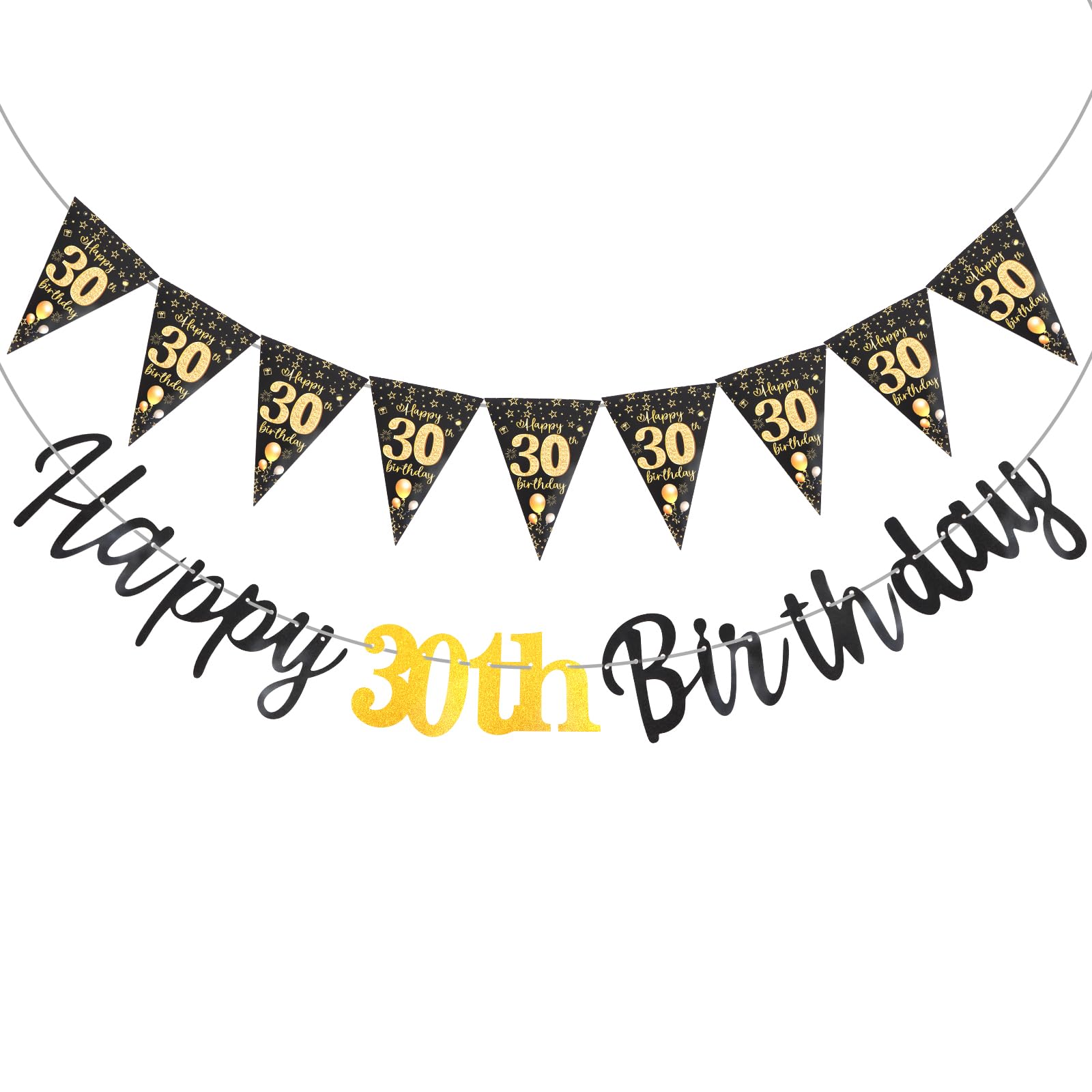 Luixenir 30th Birthday Decorations Glitter Black Gold 30th Birthday Banner, Triangle Flags for 30 Birthday Party Supplies
