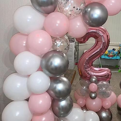 Vista 5 de Kit de arco de globos rosa y plateado, kit de guirnalda de globos de color rosa macarrón plateado metálico, globos de látex de helio de diferentes