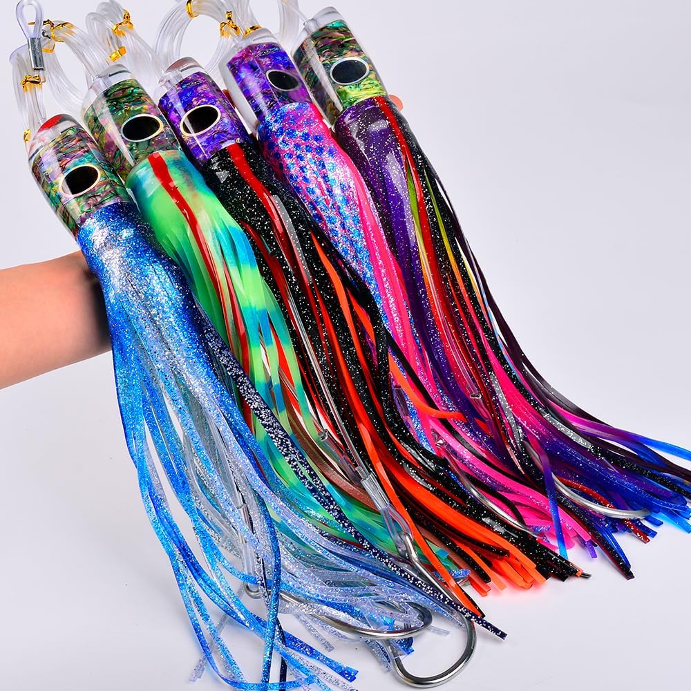 Saltwater Trolling Fishing Lure for Marlin Tuna Mahi Dolphin Durado Wahoo Trolling Lures Free Bag Offshore Big Game Fully Rigged Teasers Squid Bullet Head Giant Fishing Lures