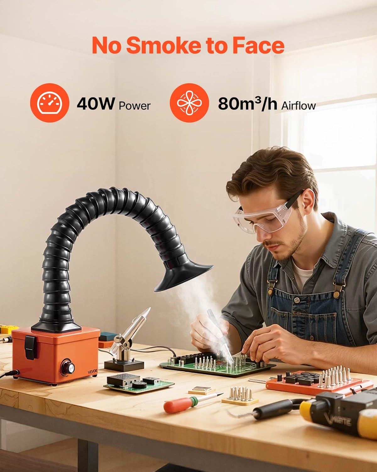 VEVOR Solder Fume Extractor, 40W Brushless Soldering Smoke Absorber with 2-Stage Filters & Adjustable Airflow, 80 m³/h Strong Suction Compact Desktop Smoke Extractor for Soldering DIY Welding