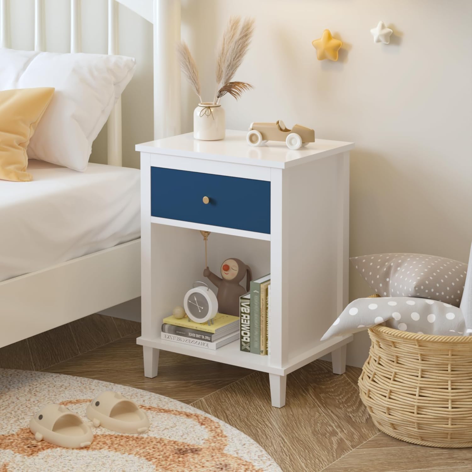 Small Nightstand with Drawer - Wood White Night Stand with 2-Tier Storage Cabinet Modern Bedside Table for for Bedroom, Kids Room & Small Spaces(1, White + MDF)