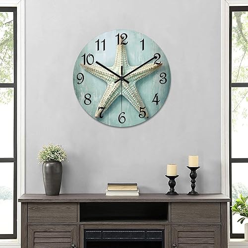 Miniatura 6 de Funlucy Reloj de pared con estrellas de mar, hora del océano, funciona con pilas, silencioso, sin tictac, de PVC, 10 x 10 pulgadas, para decoración