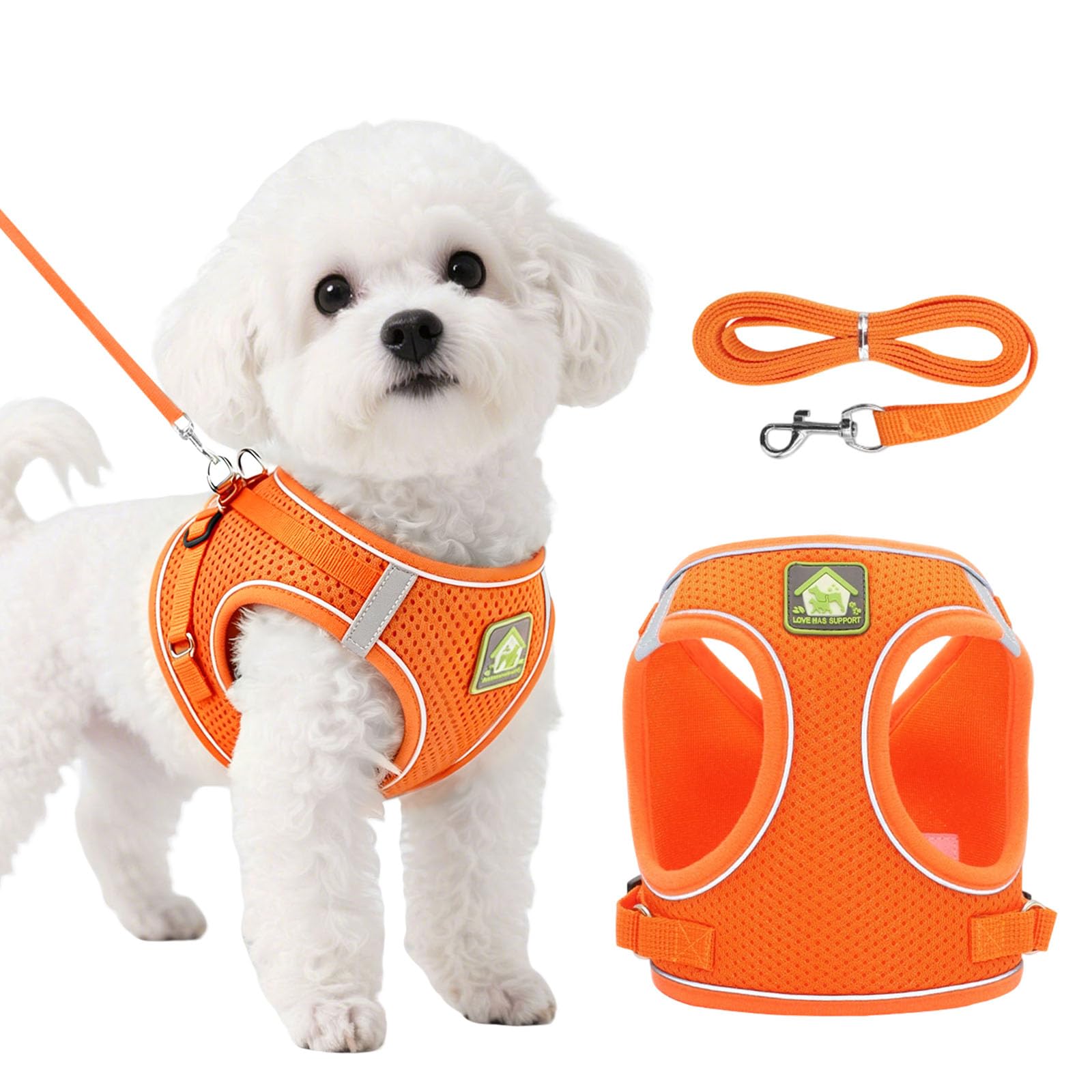 DOINEUFL Puppy Harness, Dog Harness and Leash Set, Soft Mesh Reflective Breathable Lightweight Vest-Style Dog Harness with Safety Buckle for Small and Medium Dogs, Cats, Puppies (Orange, M)