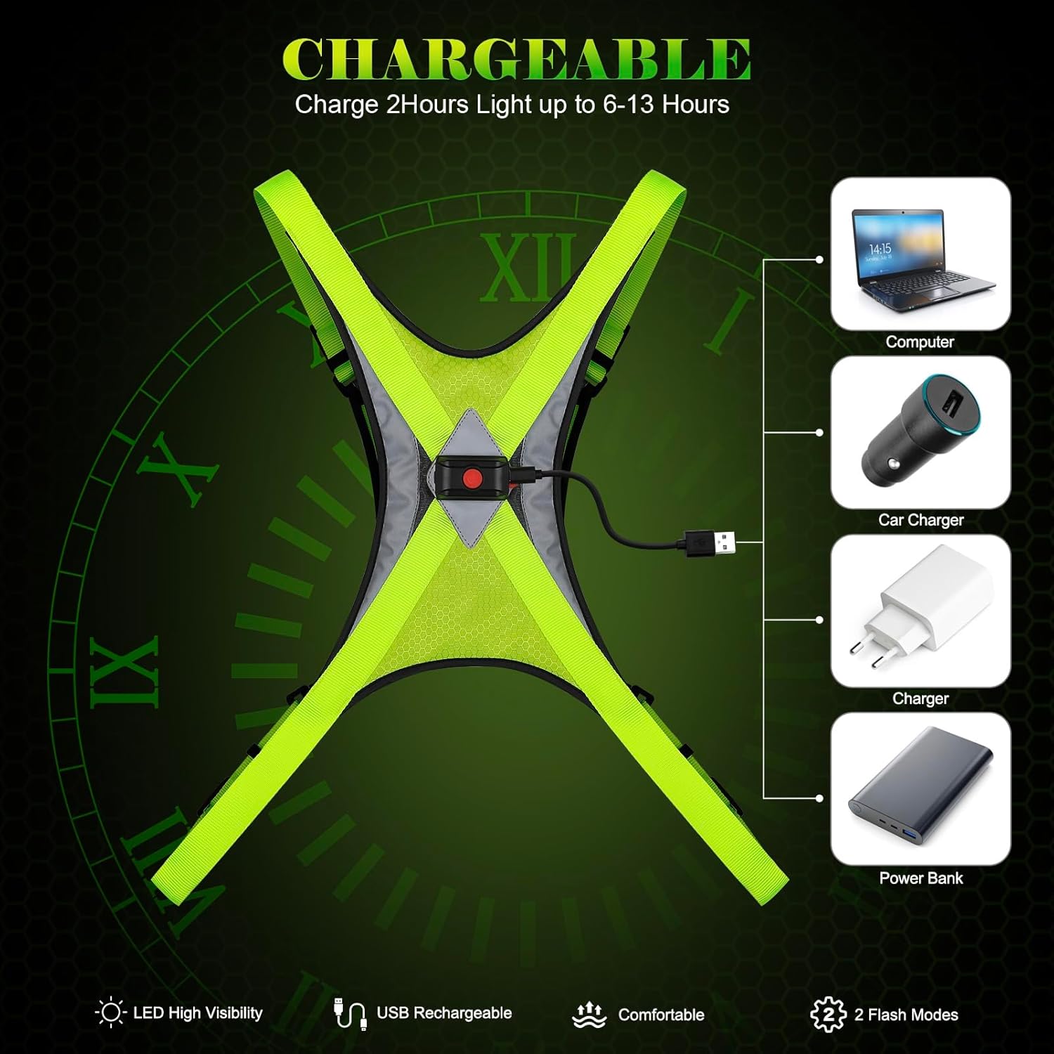 LED Reflective Vest, Light Up Running Vest, Rechargeable Reflective Running Gear for Walking Running Cycling at Night, Adjustable for Men Women - Image 2