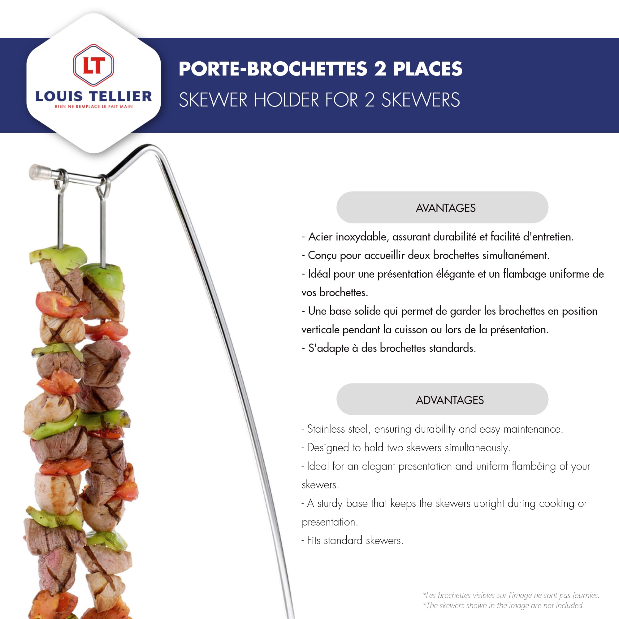 Louis Tellier - Porte-Brochettes 2 Places en INOX - pour Présentation et Flambage - Qualité Supérieure - Marque Française