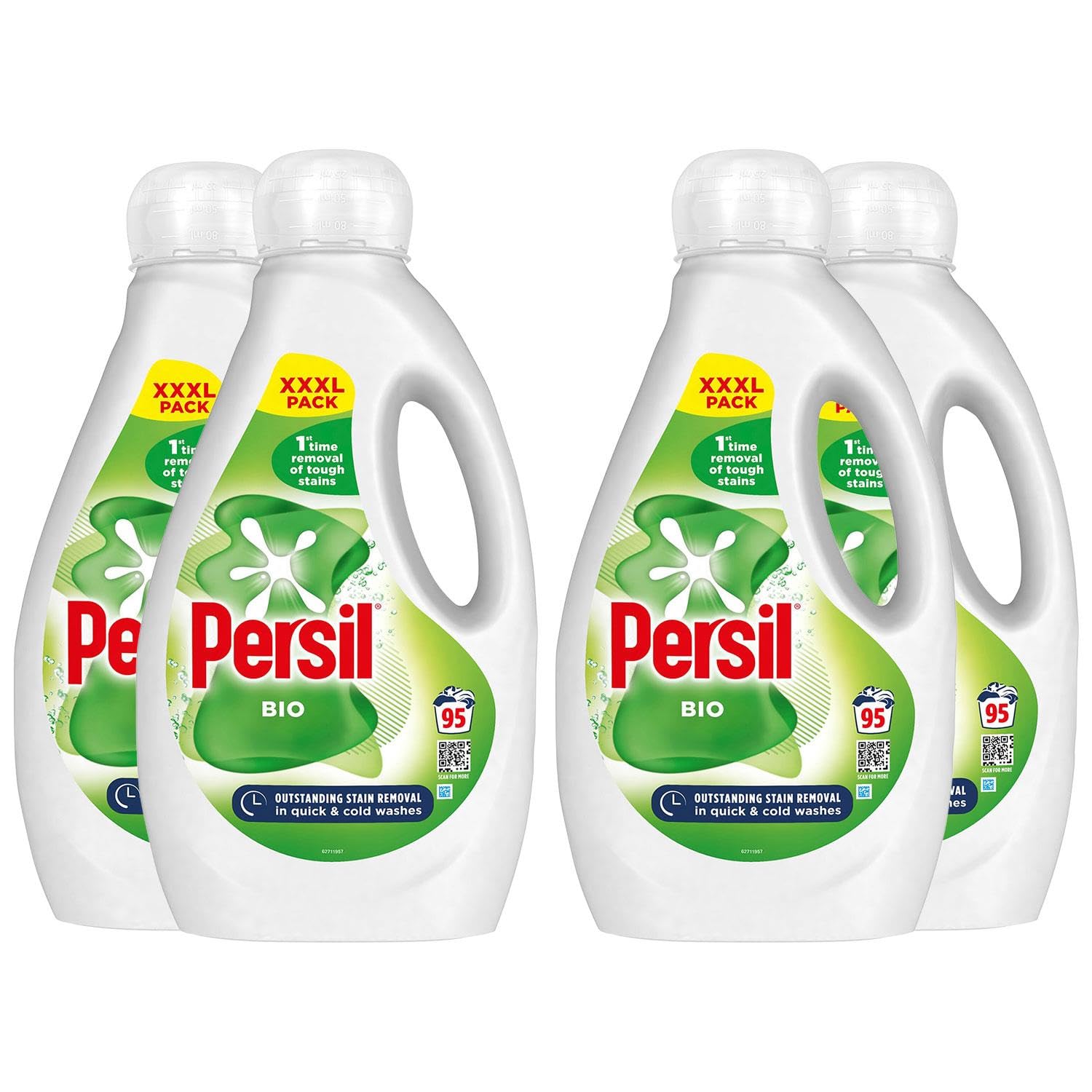 Persil XXXL Waschflüssiges Waschmittel, hervorragende Fleckenentfernung, schnelle und kalte Wäsche, stark zu Flecken, sanft zu empfindlicher Haut, 95 Waschgänge, 4er-Pack, 2,565 Liter (Bio)