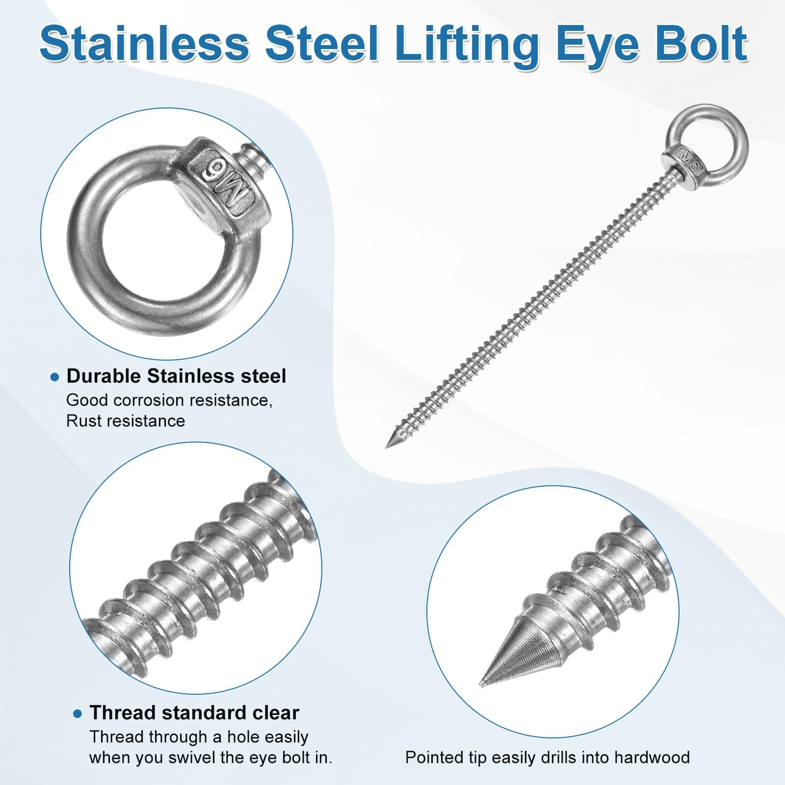 M METERXITY 4-Pack 304 Stainless Steel Eyebolt M6x120mm Shoulder Lifting Eye Bolt Self Tapping Eye Bolts for Wood Securing/Swing/Hanging Hammocks Silver - Image 2