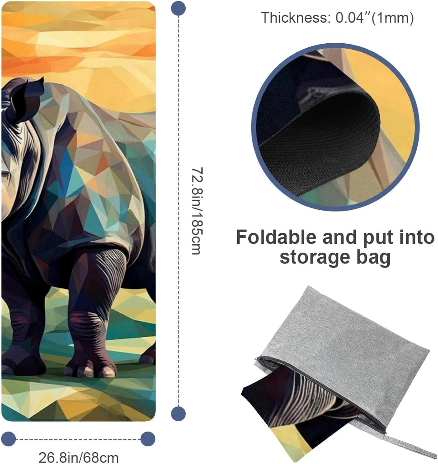 Yoga Towel, Rhino Animal Print Non Slip Sweat Absorbent Hot Yoga Mat Towel for Hot Yoga, Pilates and Fitness - 72.8" x 26.8"