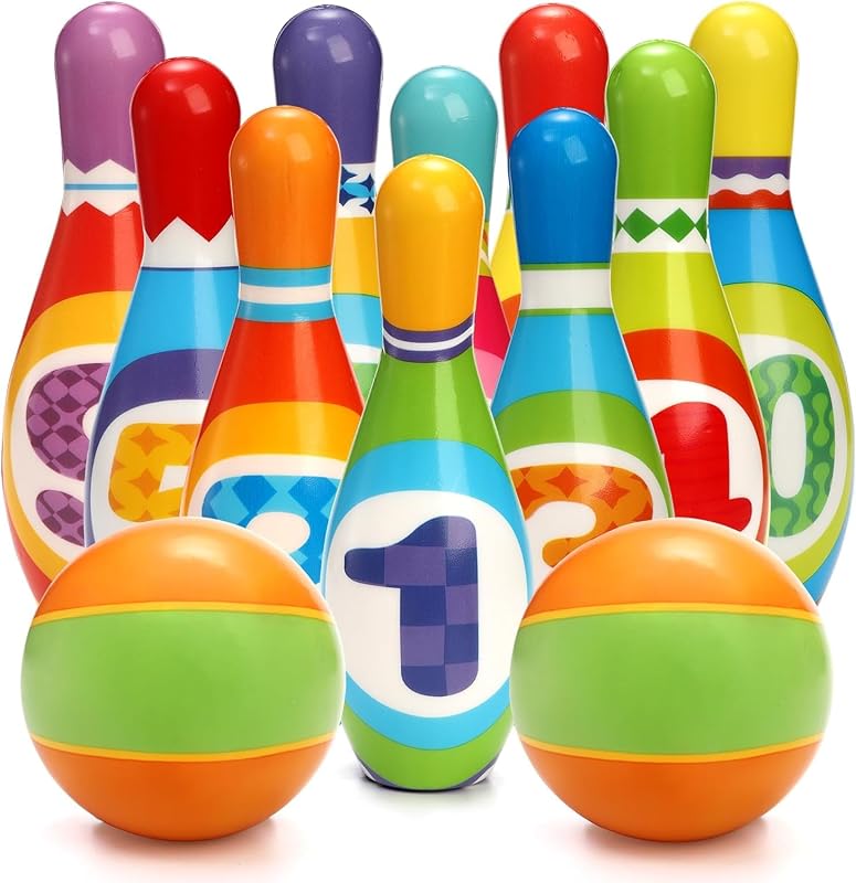 Coloch Juego de bolos para niños, juego de bolos de interior para niños, juego de juguete educativo, suave y colorido, 10 pines de espuma y 2 bolas, juego impreso con números para bebés a partir de 3 años, niños y niñas, regalo de cumpleaños