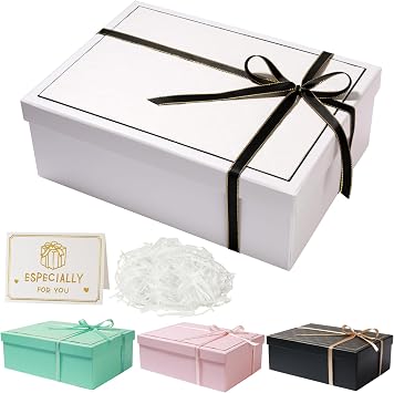 White Gift Boxes with Lids Large Gift Boxes for Presents Foldable Present Boxes with Card, Shredded Paper, Ribbon for Birthdays, Weddings, Valentine's Day, Anniversaries