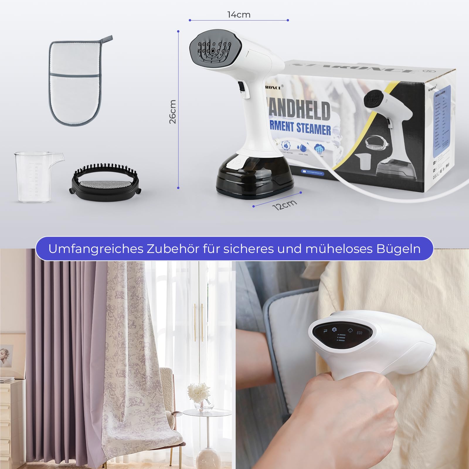 Steamer & Dampfglätter 1800W, Tragbarer Dampfbügler mit 3 Dampfstufen & 400ml Wassertank, Kompakter Reisebügeleisen zum Schnell Entfalten von Hemden, Kleidung und Vorhängen