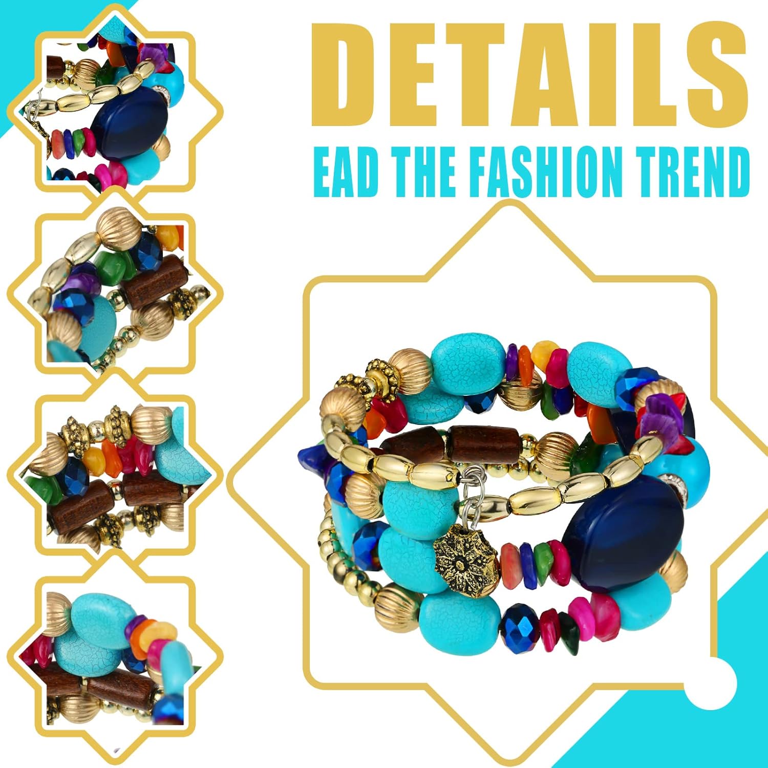 Bonuci 2 Pcs African Jewelry for Women African Chunky Choker Necklace Multicolour Bohemian Beads Jewelry Sets Rainbow Chunky Layered Beaded Bib Necklace for Women - Image 3