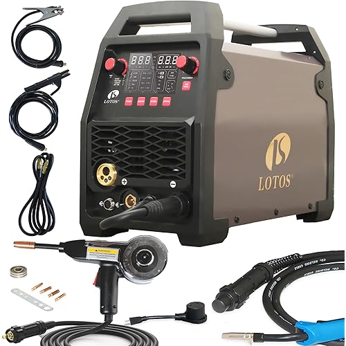 LOTOS Apex MIG180SP 6-in-1 180A MIG Welder with Spool Gun for Aluminum Welding, Gas/Flux-Core MIG, Lift TIG, Stick, Spot, Auto Synergic Voltage Fine-Tune, 120/240V Dual-Voltage, LED Display
