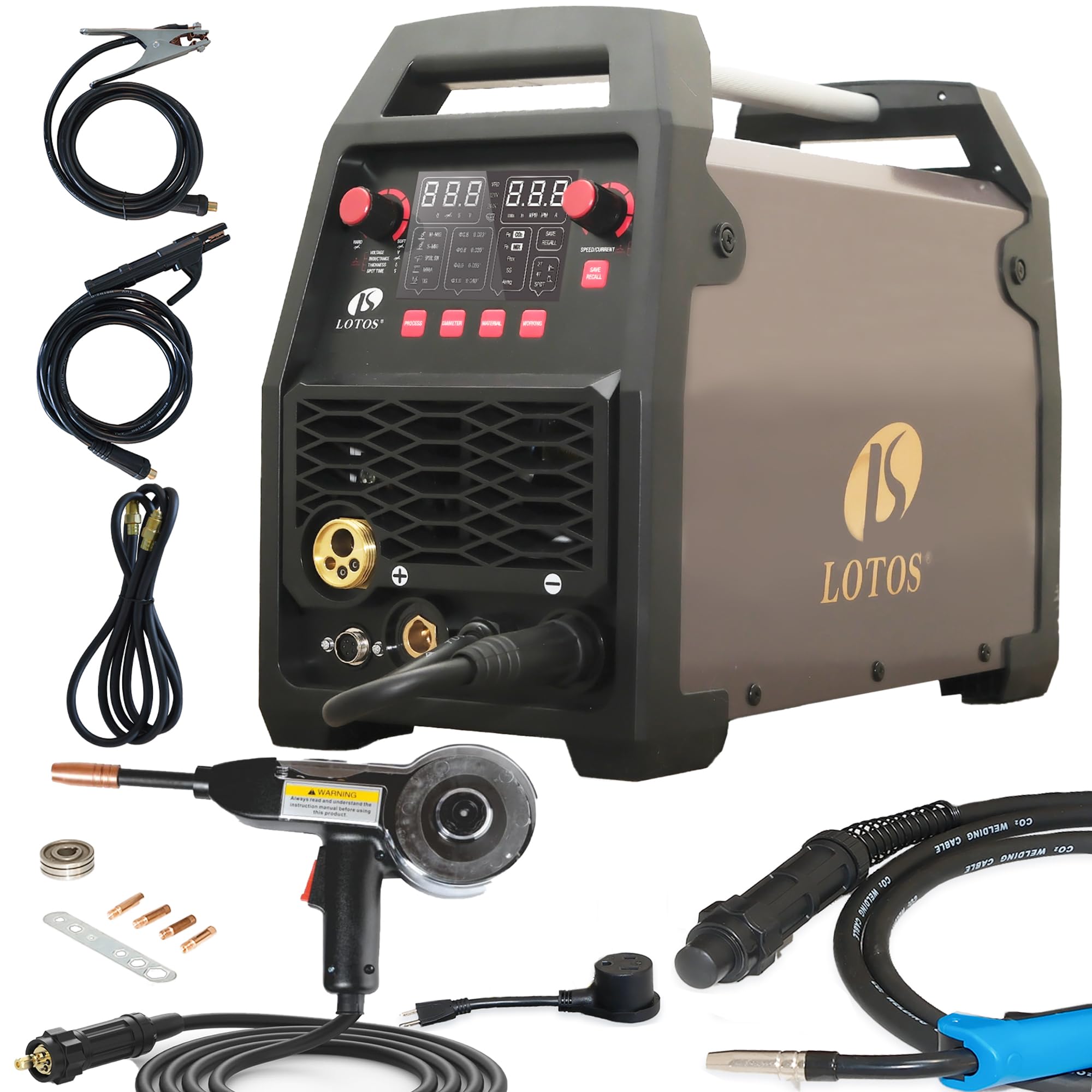 LOTOS Apex MIG180SP 6-in-1 180A MIG Welder with Spool Gun for Aluminum Welding, Gas/Flux-Core MIG, Lift TIG, Stick, Spot, Auto Synergic Voltage