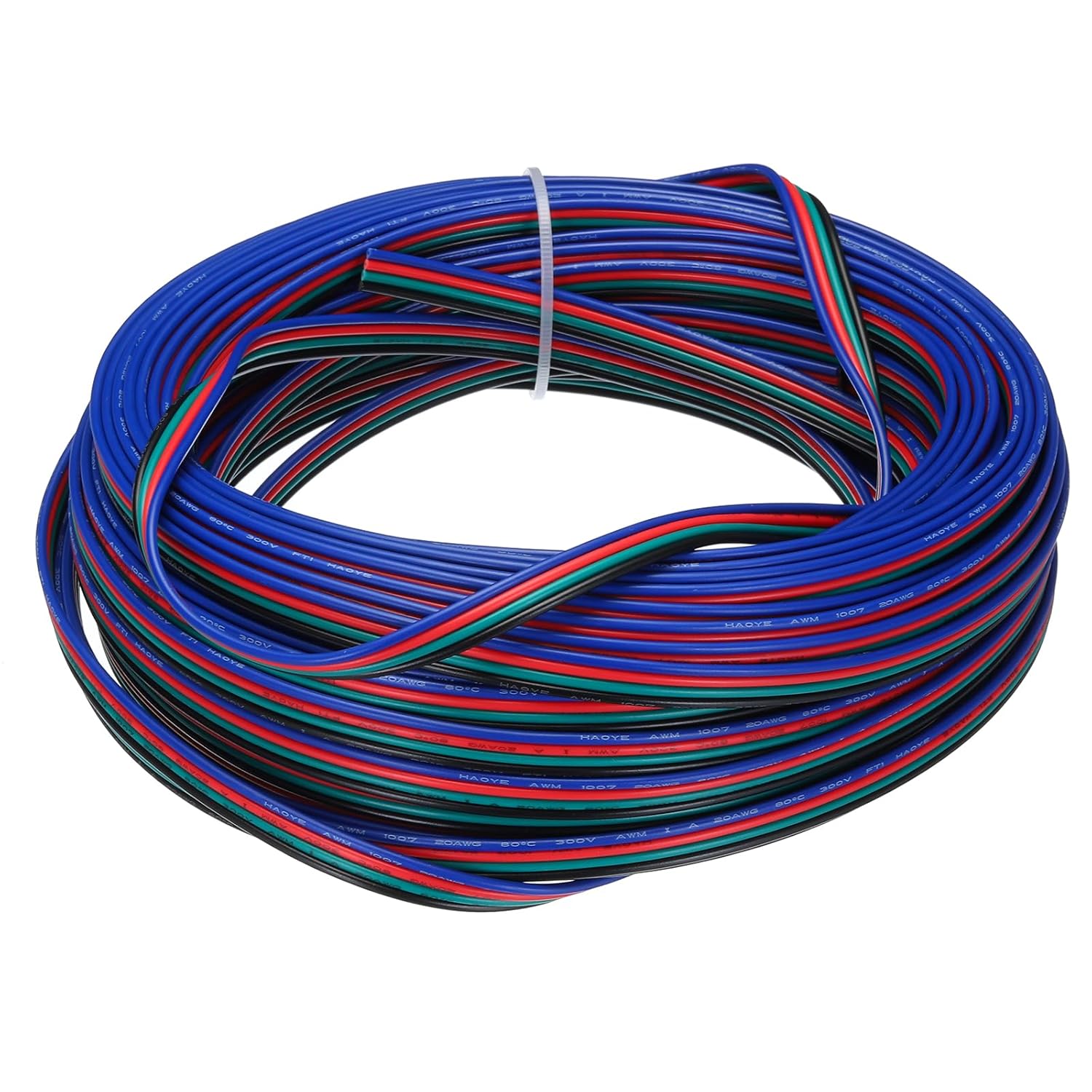 MECCANIXITY 20 AWG Flat Ribbon Wire, LED Extension Cable 4 Pin, 66Ft/20M Long 1.8mm Dia 4 Color Stranded Tinned Copper 20 Gauge 300V for Model Plane, Model Car, Electric Appliance