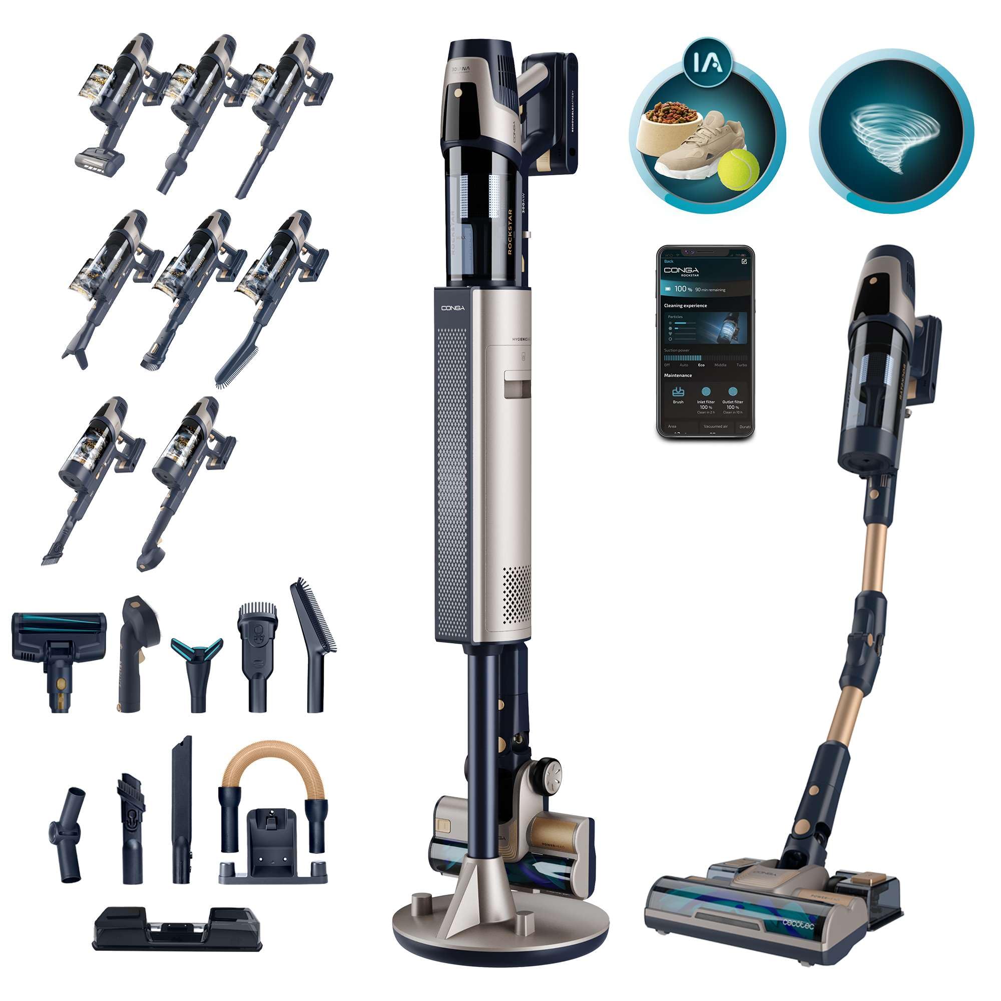 Cecotec Aspirapolvere Senza Fili Potente Conga Rockstar 11500 Odyssey Station Connected IA. Max 300AW, 800W, IA, App, fino a 110 min autonomia, Base auto-svuotante, Tubo Flessibile, Kit Accessori